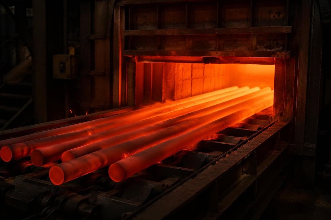 Glowing steel bars inside an industrial annealing furnace