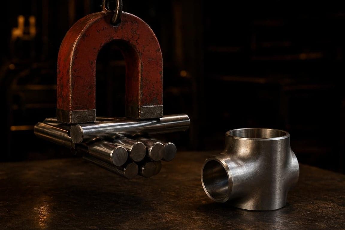 A magnet attracting steel bars while an austenitic stainless steel part is not attracted